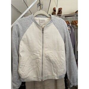 Ann Taylor Loft  Bomber Jacket Sz S White Gray Cotton Lined Casual Chic Relaxed